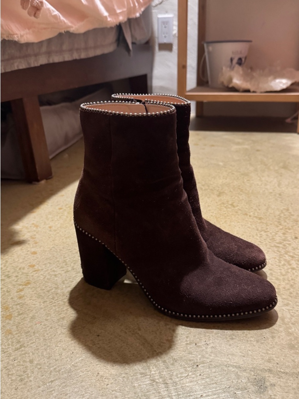‘Coach’ Suede Stud-Trim Ankle Boot - Dark Brown